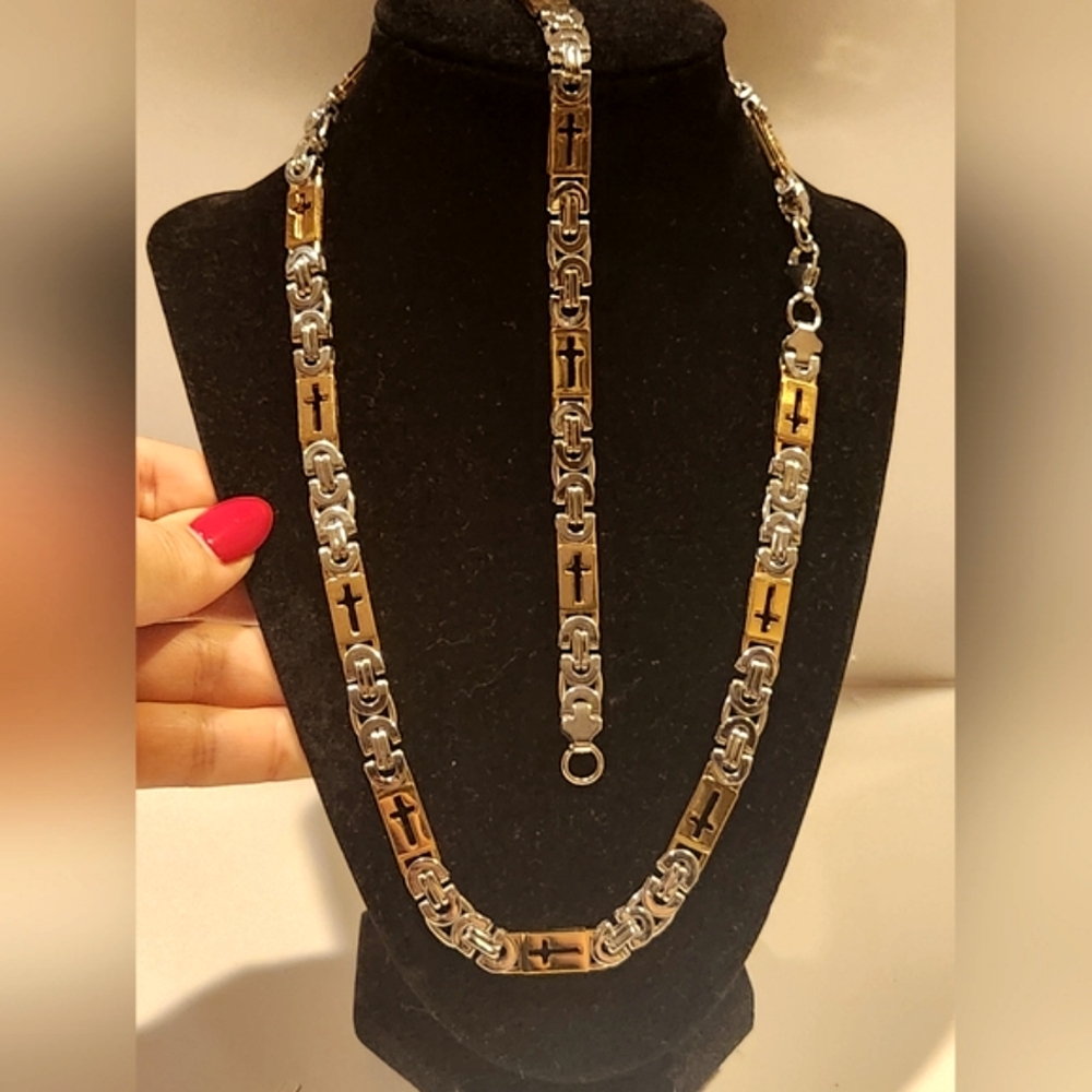 316L Stainless Steel Hollowed Cross Necklace and Bracelet Set, Fashion Golden